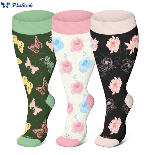Plus Size Butterfly Rose Camellia Compression Socks(3 Pairs) - image 0
