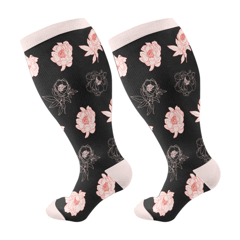 Plus Size Butterfly Rose Camellia Compression Socks(3 Pairs) - Black(1 Pair) - 4XL - image 7