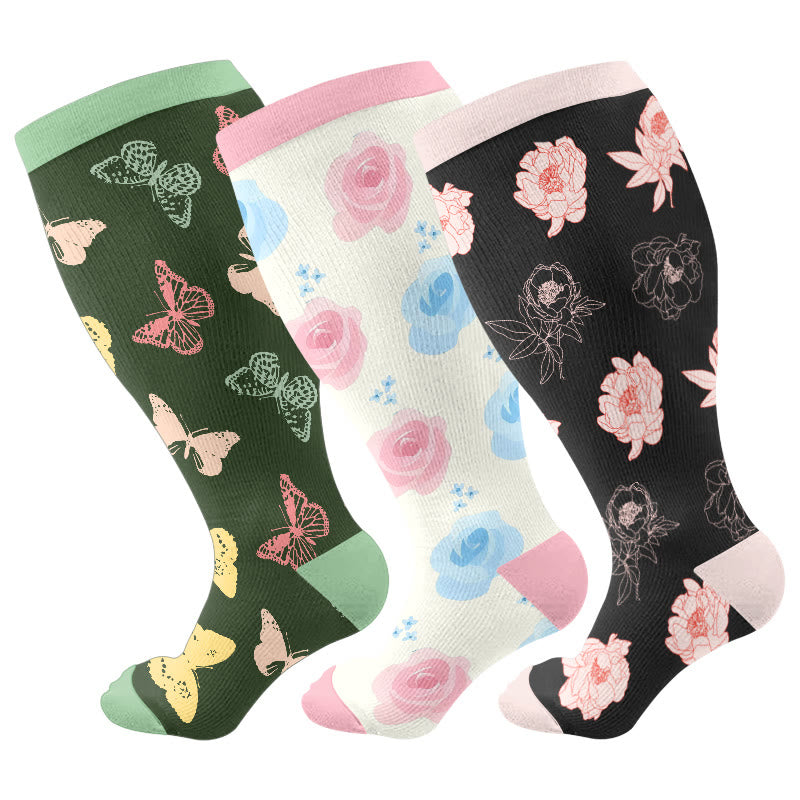 Plus Size Butterfly Rose Camellia Compression Socks(3 Pairs) - Multicolor - 4XL - image 1