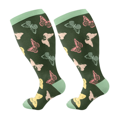 Plus Size Butterfly Rose Camellia Compression Socks(3 Pairs) - Green(1 Pair) - 4XL - image 6