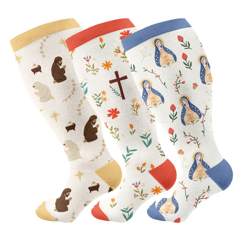 Plus Size Jesus Faith Inspired Compression Socks(3 Pairs) - Multicolor - 4XL - image 1