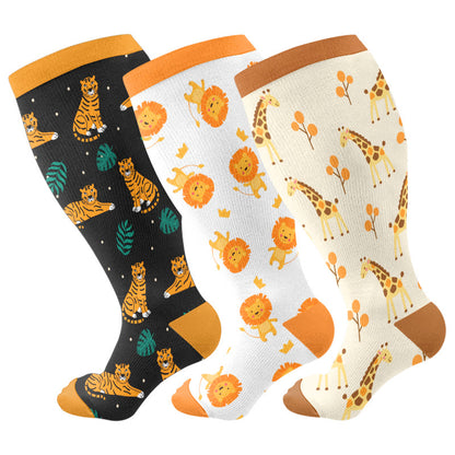 Plus Size Giraffe Tiger Lion Compression Socks(3 Pairs) - Multicolor - 4XL - image 1