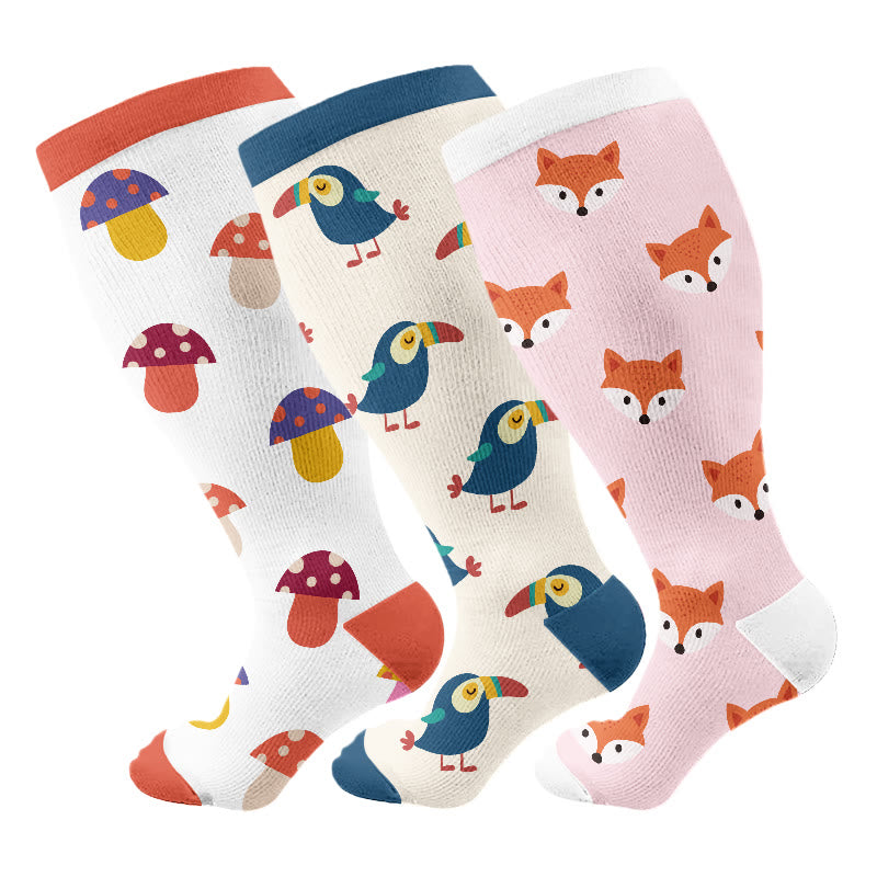 Plus Size Fox Mushroom Compression Socks(3 Pairs) - Multicolor - 4XL - image 1