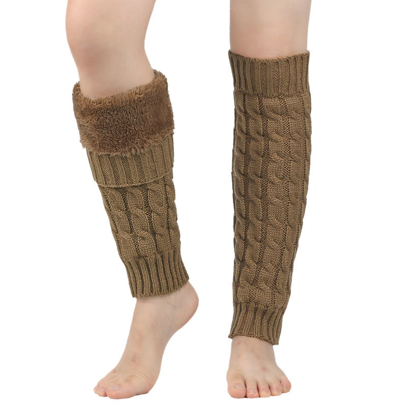 Knitted Wool Cable Warm Thickened Leg Warmers - Khaki - One Size - image 11