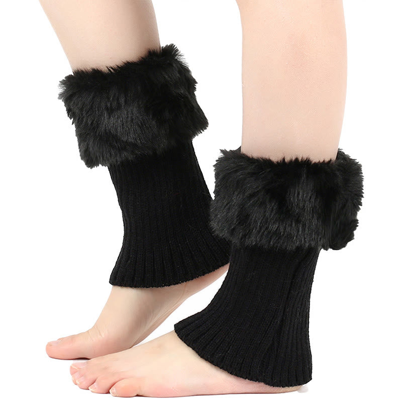 Knitted Fur Boot Cuffs Short Leg Warmers - Black - One Size - image 3