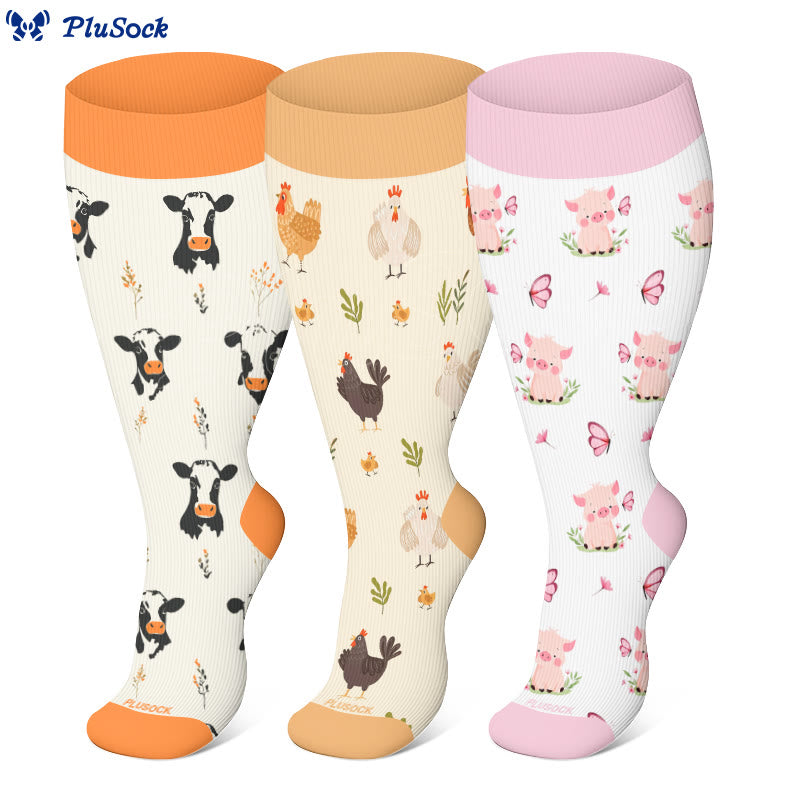 Plus Size Cow Chicken Pig Compression Socks(3 Pairs) - image 0