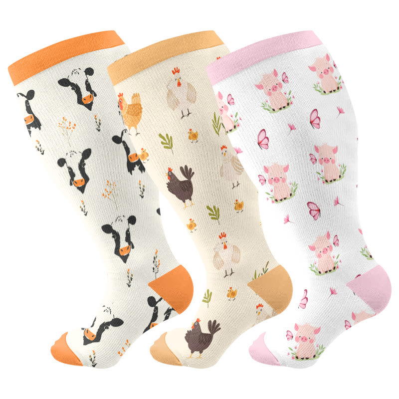 Plus Size Cow Chicken Pig Compression Socks(3 Pairs) - Multicolor - 4XL - image 1