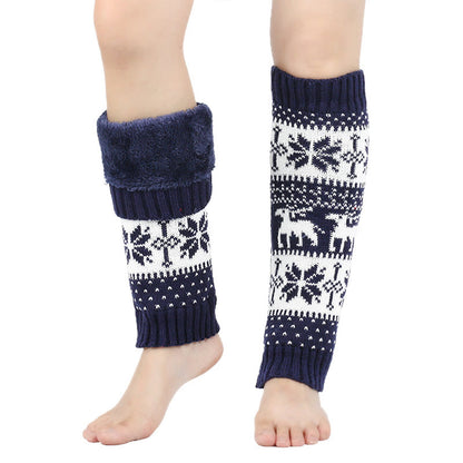 Knitted Fur Snowflake Deer Leg Warmers - Navy Blue - One Size - image 5