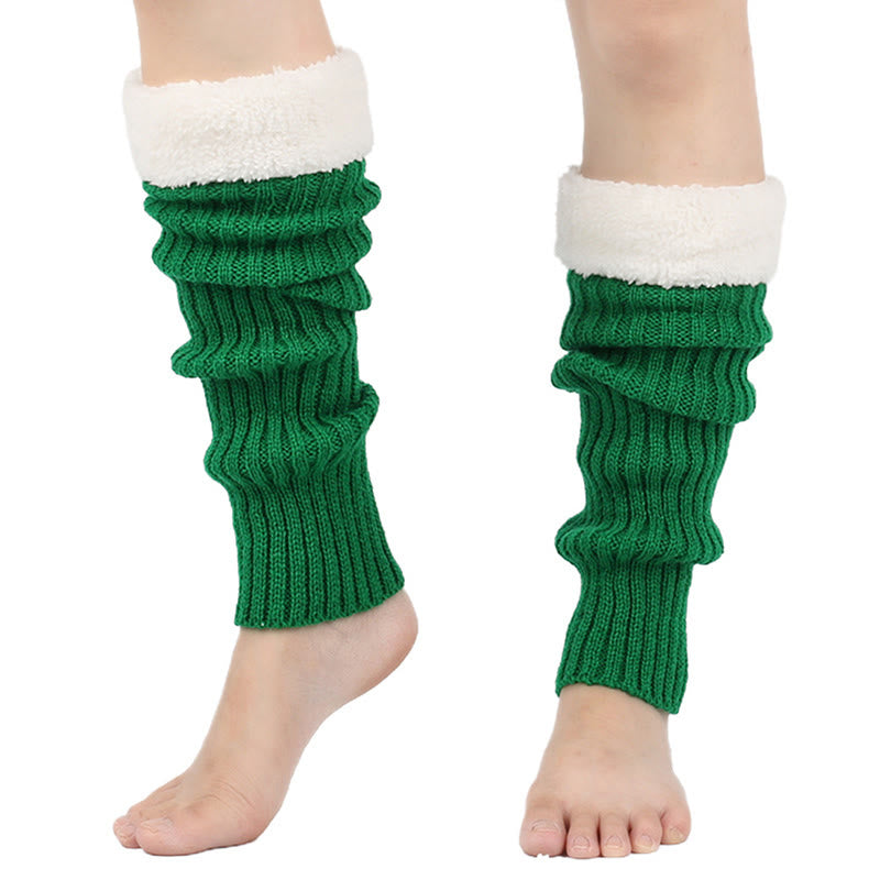 Knitted Fleece Lined Solid Leg Warmers - Green - One Size - image 17