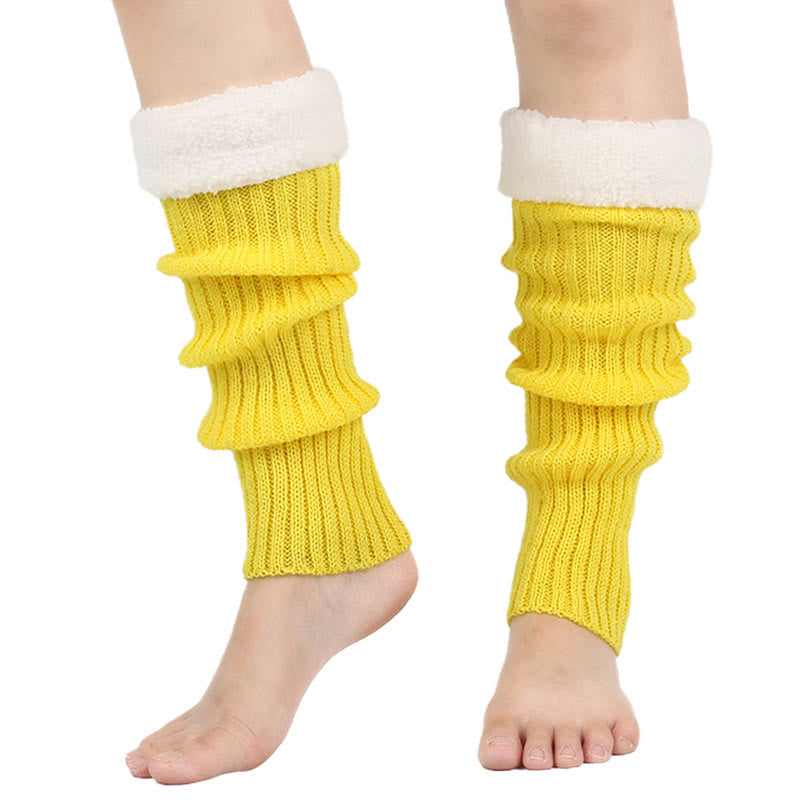 Knitted Fleece Lined Solid Leg Warmers - Yellow - One Size - image 5