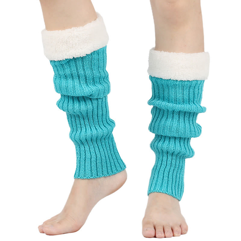 Knitted Fleece Lined Solid Leg Warmers - Sky Blue - One Size - image 10