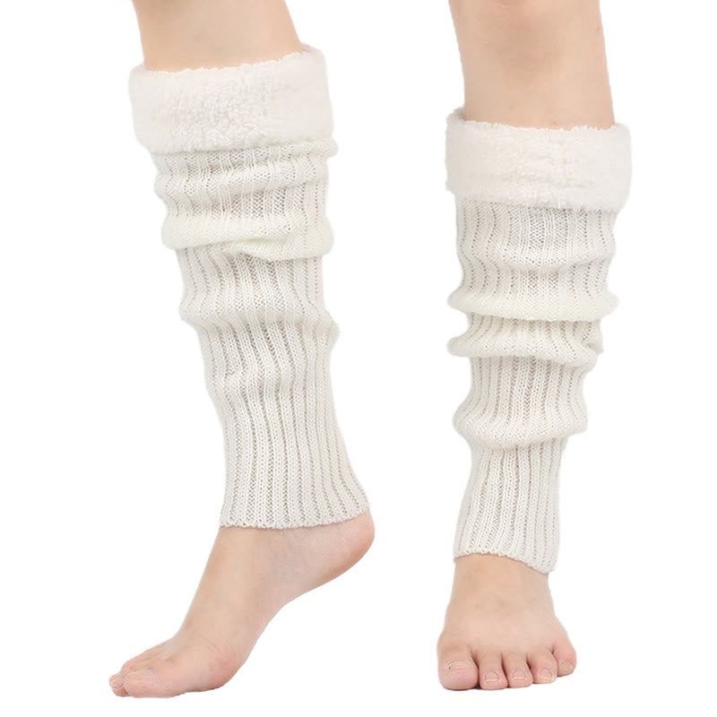 Knitted Fleece Lined Solid Leg Warmers - White - One Size - image 7