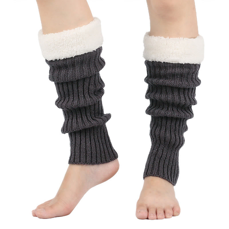 Knitted Fleece Lined Solid Leg Warmers - Dark Grey - One Size - image 15