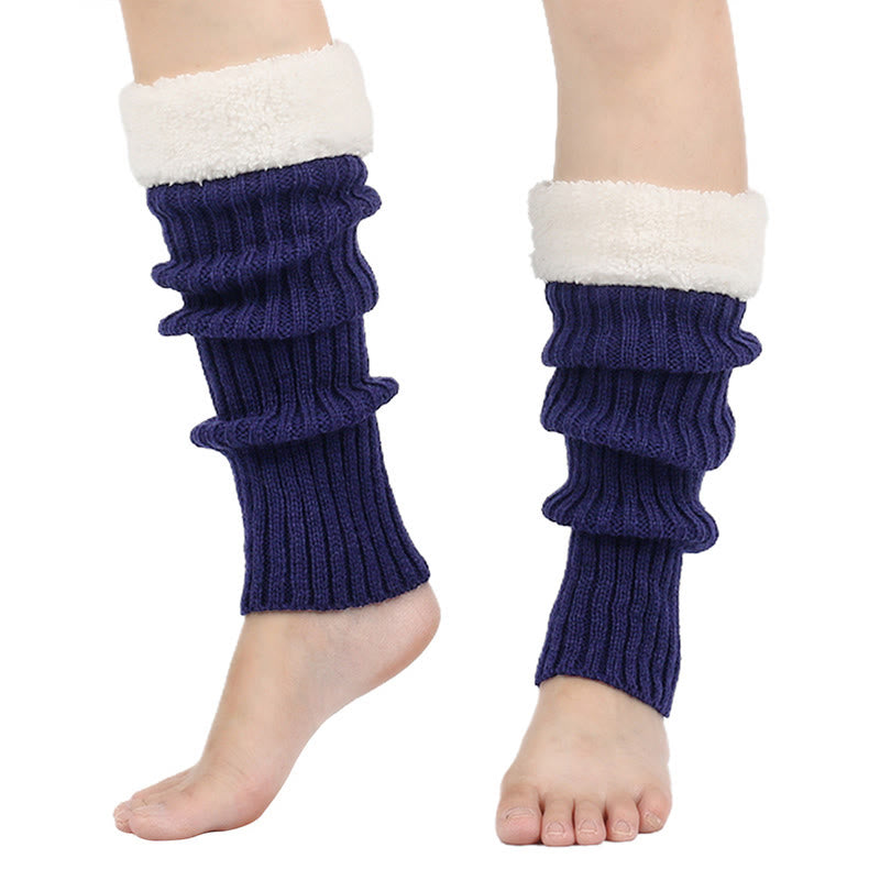 Knitted Fleece Lined Solid Leg Warmers - Navy Blue - One Size - image 14