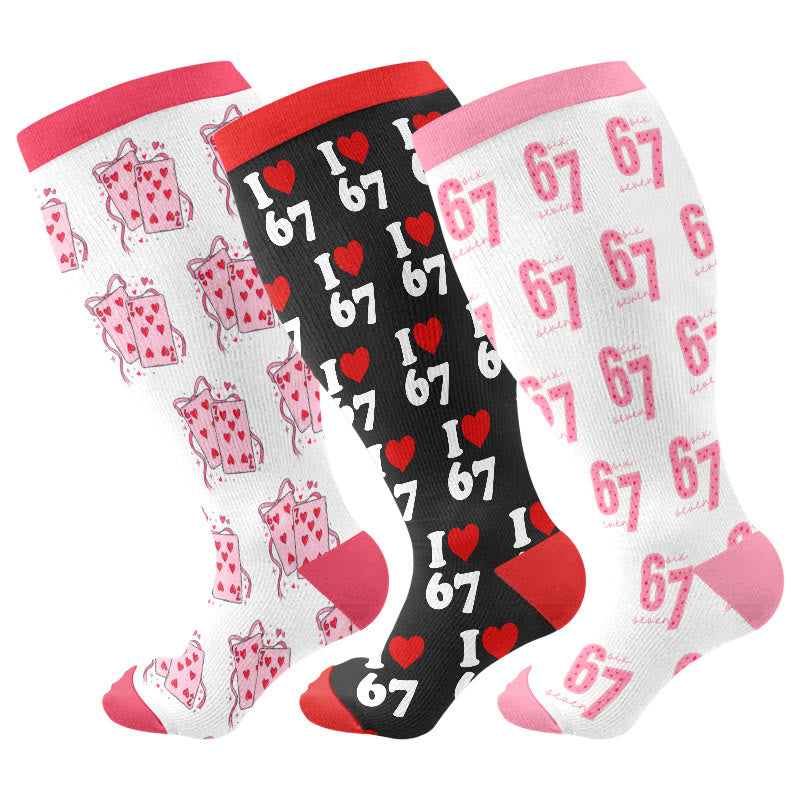 Plus Size Heart Playing Cards Compression Socks(3 Pairs) - Multicolor - 4XL - image 1