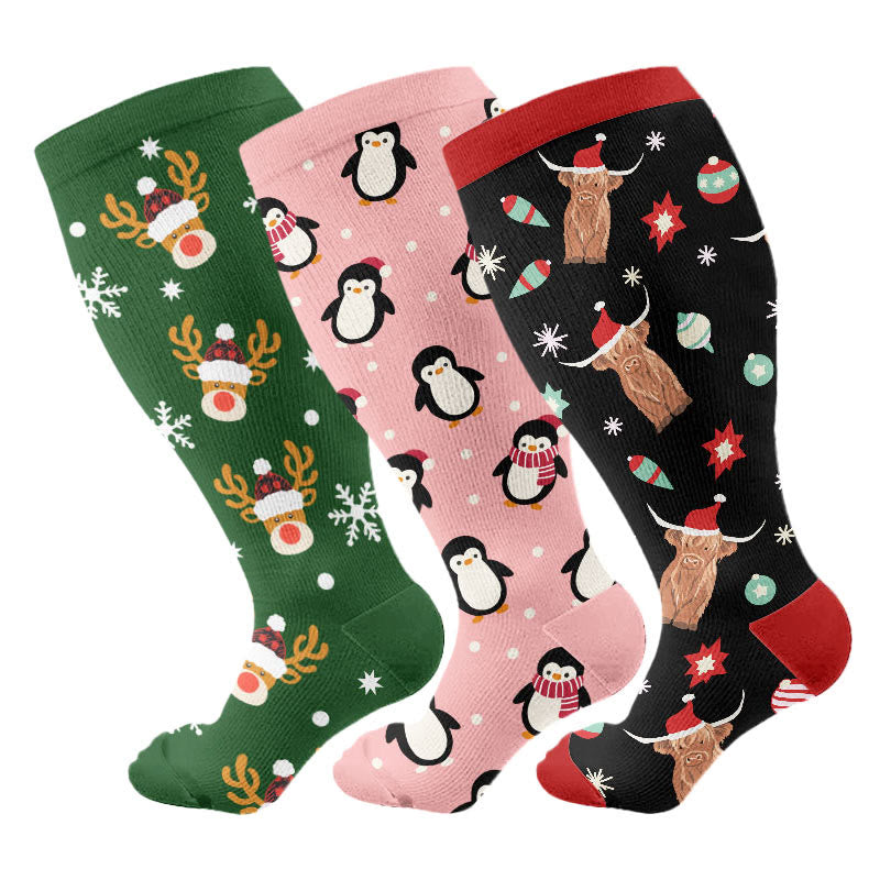 Plus Size Penguin Deer Cow Compression Socks(3 Pairs) - Multicolor - 4XL - image 1