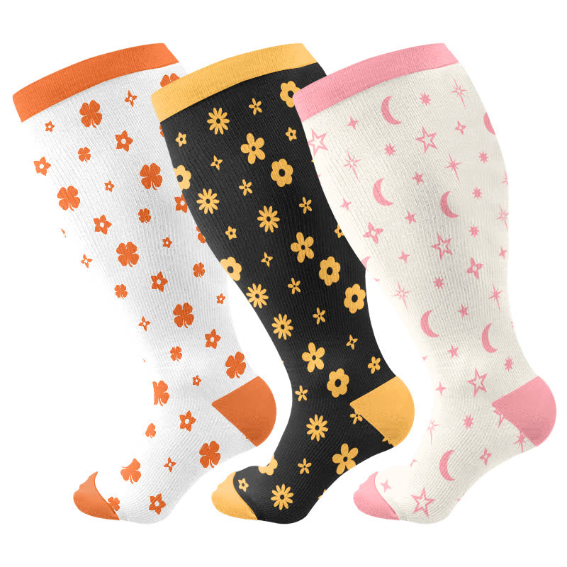Plus Size Floral Star Compression Socks(3 Pairs) - Multicolor - 4XL - image 1