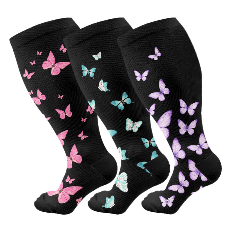 Plus Size  Butterfly Print Compression Socks(3 Pairs) - Multicolor - 4XL - image 1