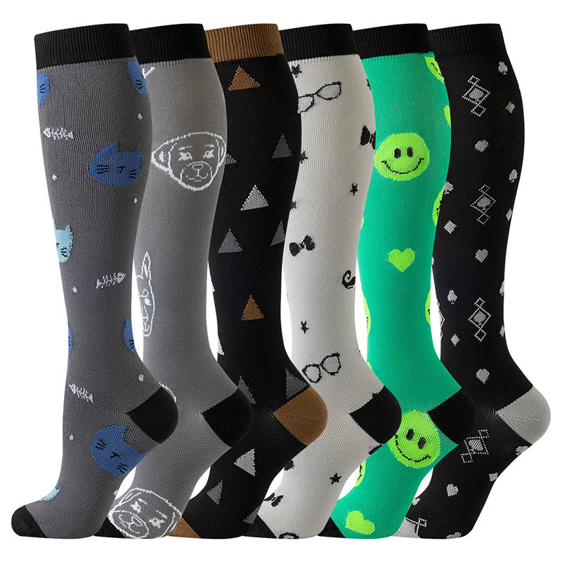 Playful Graphic Pattern Compression Socks(6 Pairs) - Multicolor - S/M - image 0