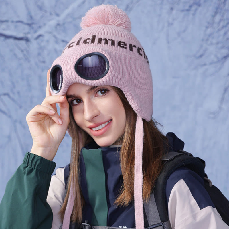 Windproof Warm Beanie With Goggles - Pink - One Size - image 6