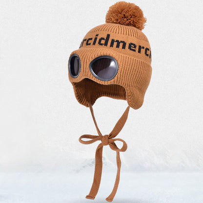 Windproof Warm Beanie With Goggles - Brown - One Size - image 10