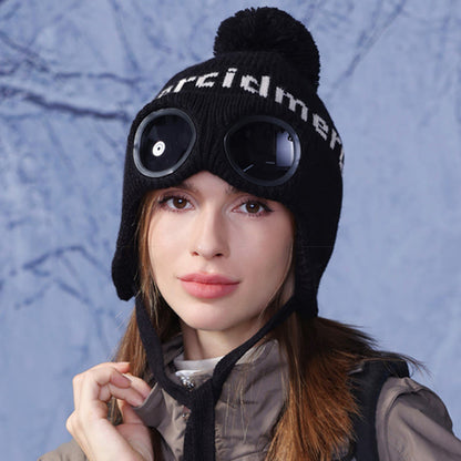 Windproof Warm Beanie With Goggles - Black - One Size - image 3