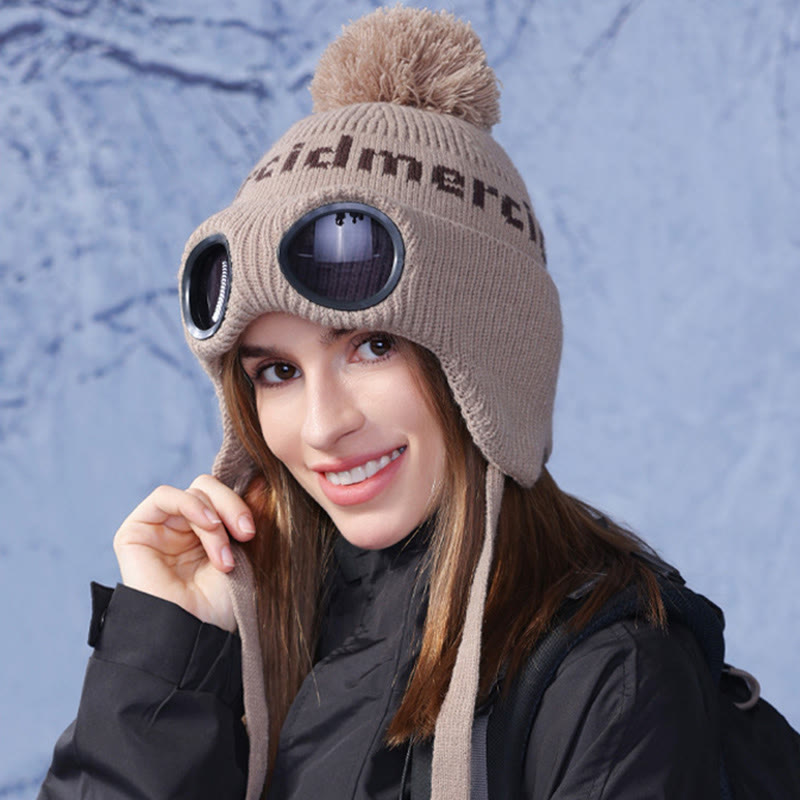 Windproof Warm Beanie With Goggles - Khaki - One Size - image 12