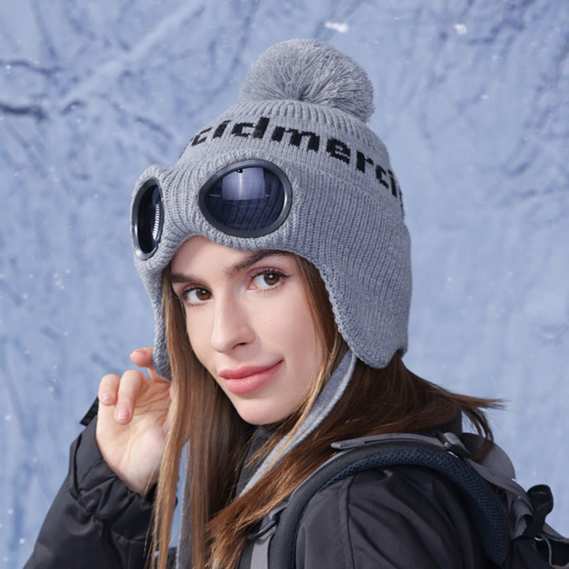 Windproof Warm Beanie With Goggles - Grey - One Size - image 2