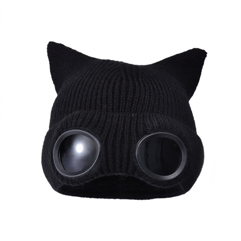 Knit Cat Ears Beanie With Goggles - Black - One Size - image 15