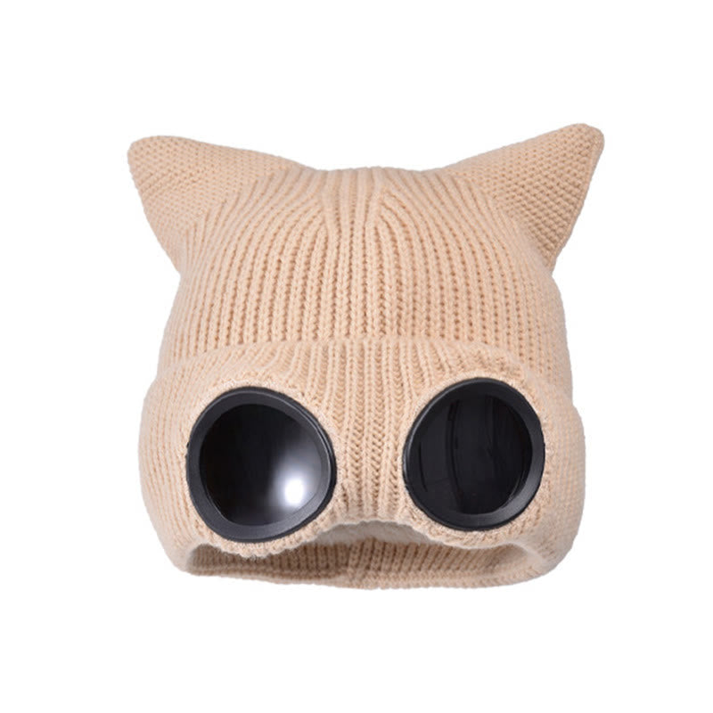 Knit Cat Ears Beanie With Goggles - Apricot - One Size - image 17