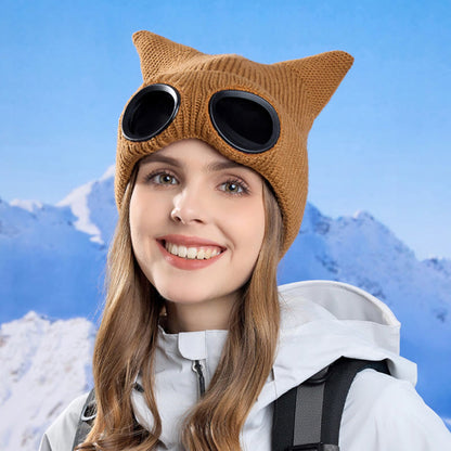 Knit Cat Ears Beanie With Goggles - image 9
