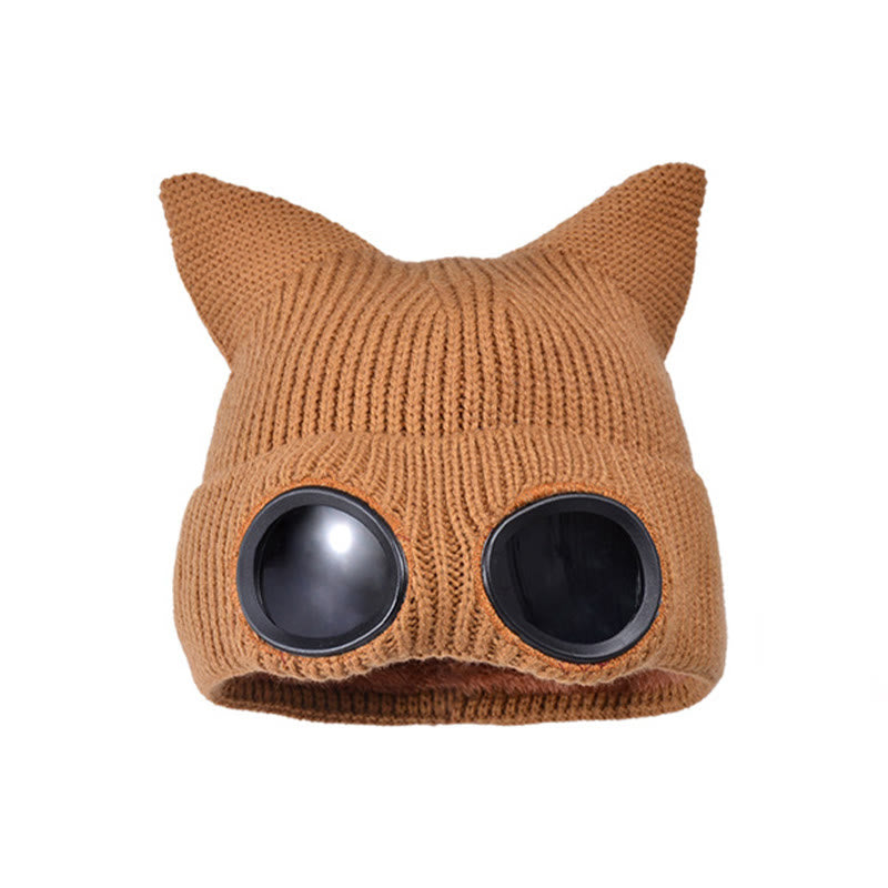 Knit Cat Ears Beanie With Goggles - Coffee - One Size - image 18