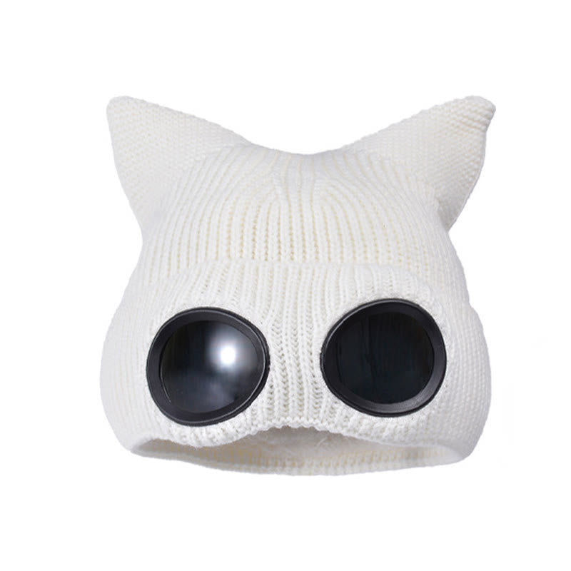 Knit Cat Ears Beanie With Goggles - White - One Size - image 19