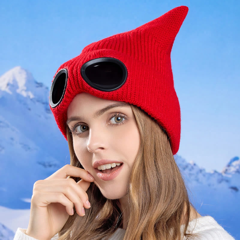 Knit Cat Ears Beanie With Goggles - image 7