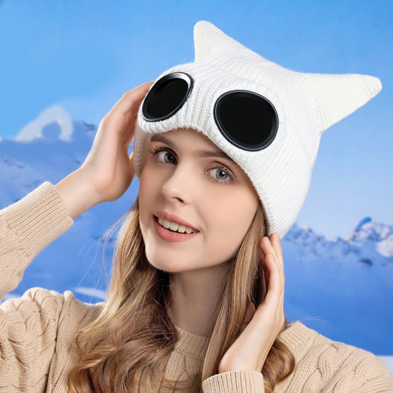 Knit Cat Ears Beanie With Goggles - image 5