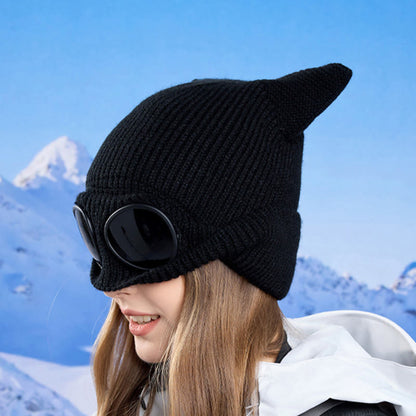 Knit Cat Ears Beanie With Goggles - image 2