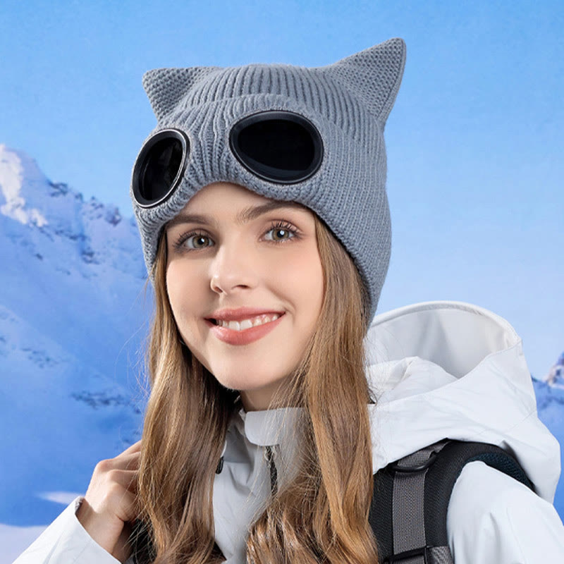 Knit Cat Ears Beanie With Goggles - image 3