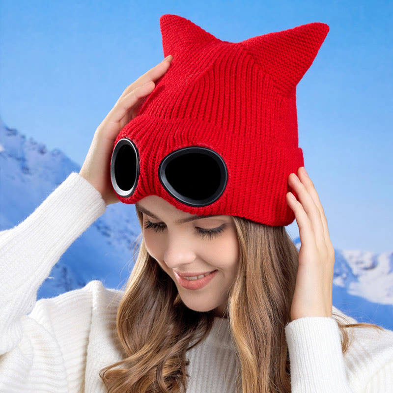 Knit Cat Ears Beanie With Goggles - image 8