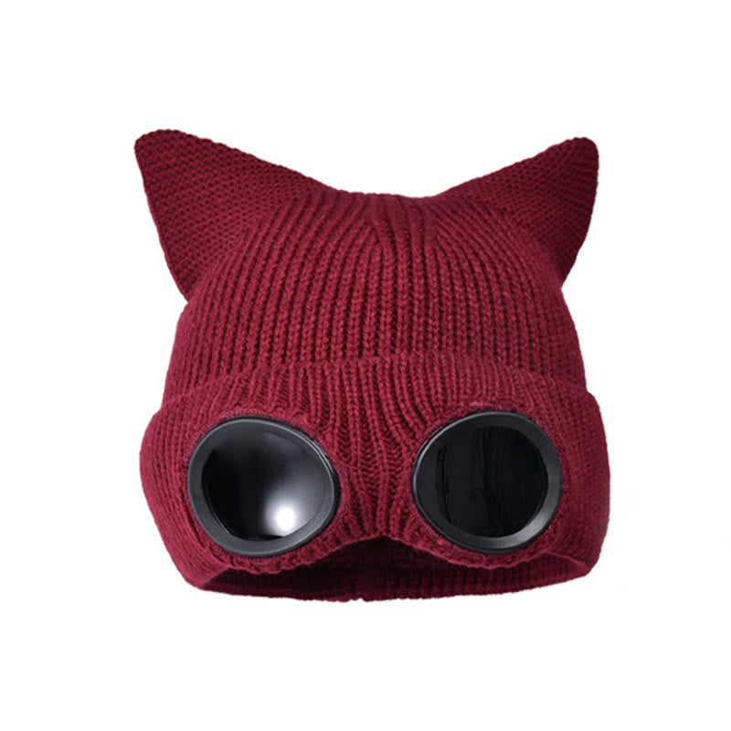 Knit Cat Ears Beanie With Goggles - Wine - One Size - image 13