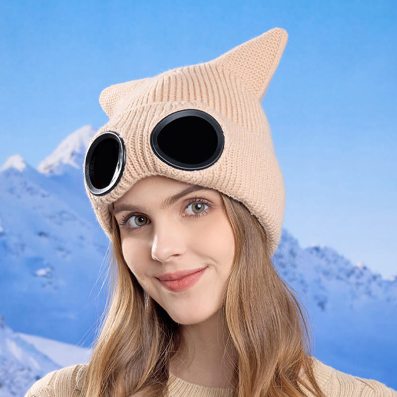 Knit Cat Ears Beanie With Goggles - image 10