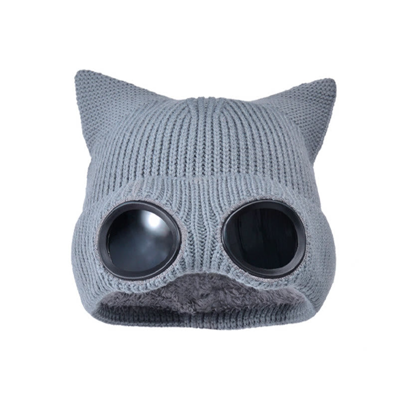 Knit Cat Ears Beanie With Goggles - Grey - One Size - image 16