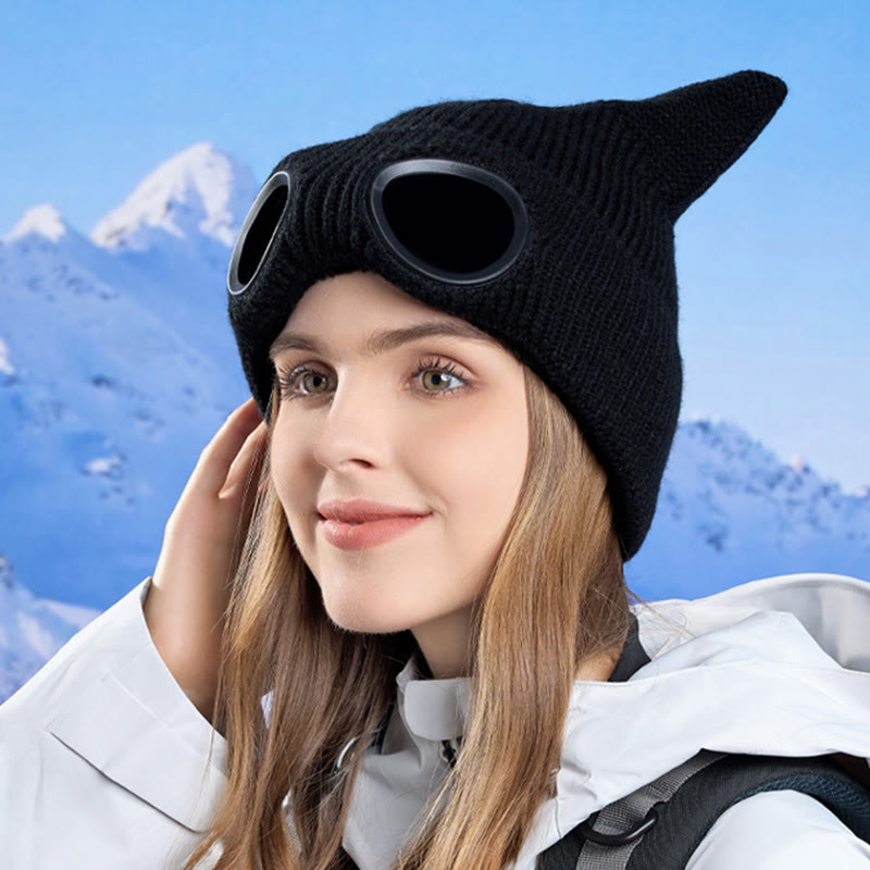 Knit Cat Ears Beanie With Goggles - image 1