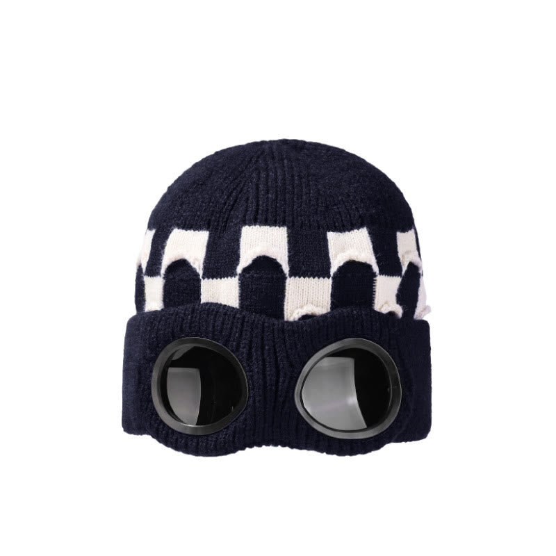 Grid Soft Beanie With Goggles - Navy Blue - One Size - image 10