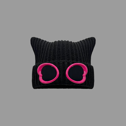 Eye Catching Design Beanie With Goggles - Black - One Size - image 4