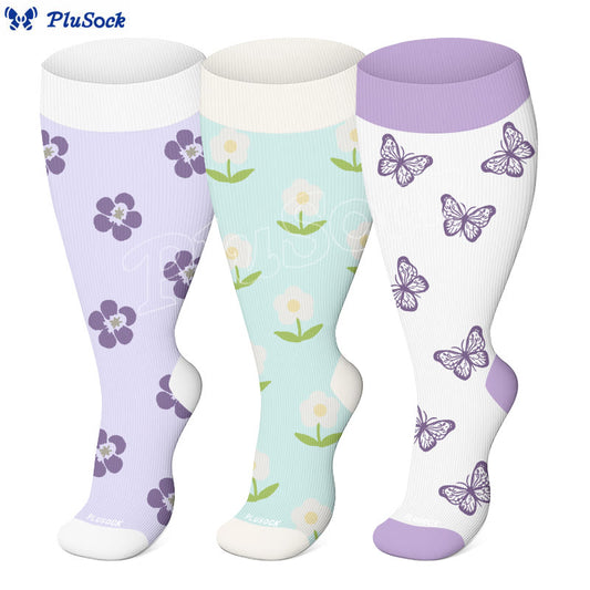 Plus Size Soft Bloom Floral Compression Socks(3 Pairs) - image 0