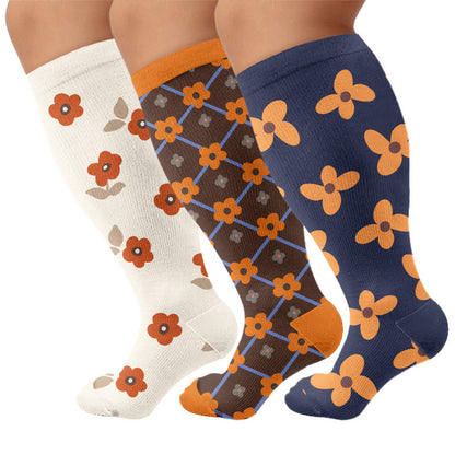 Plus Size Warm Floral Compression Socks(3 Pairs) - Multicolor - 4XL - image 1