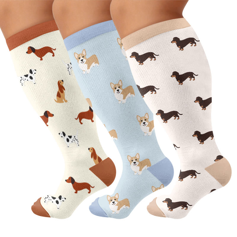 Plus Size Playful Puppy Compression Socks(3 Pairs) - Multicolor - 4XL - image 1