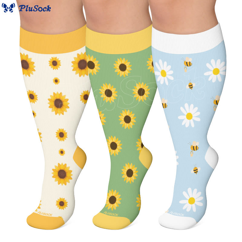 Plus Size Sunflower Compression Socks(3 Pairs) - image 0