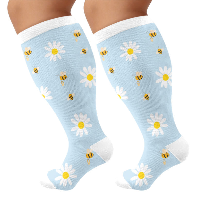 Plus Size Sunflower Compression Socks(3 Pairs) - Blue(1 Pair) - 4XL - image 5