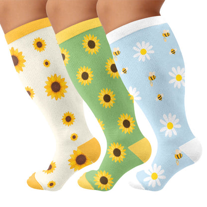 Plus Size Sunflower Compression Socks(3 Pairs) - Multicolor - 4XL - image 1